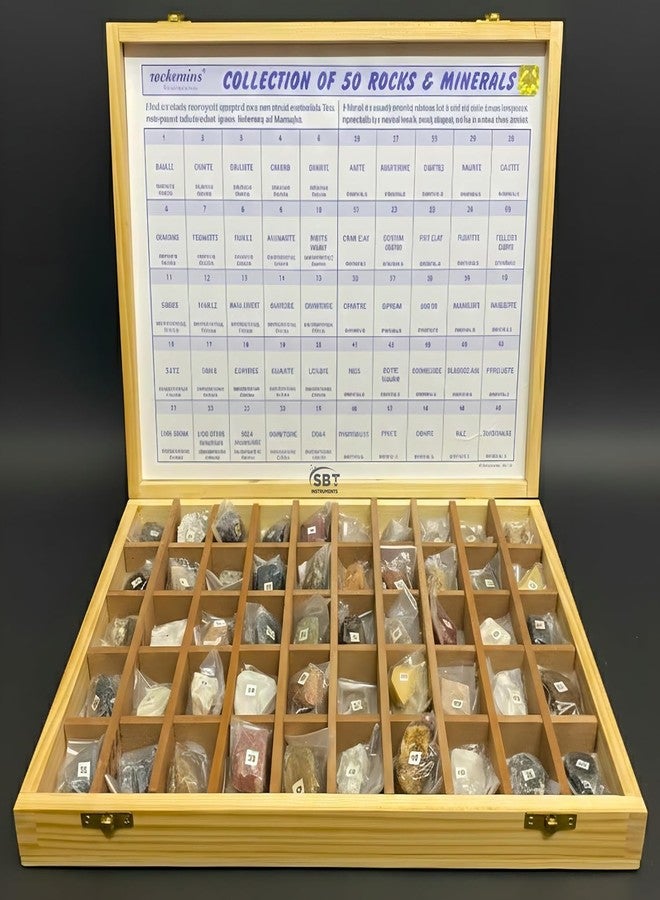 SBT Instruments Geology Kit: 50 Rocks & Minerals Collection in Wooden Box | Perfect for Earth Science Study & Stone Identification | Educational & Ideal for Students - Image 1